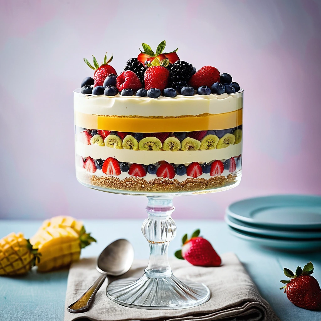 A tall glass trifle bowl with layers of golden sponge cake, creamy custard, and colorful fruit.